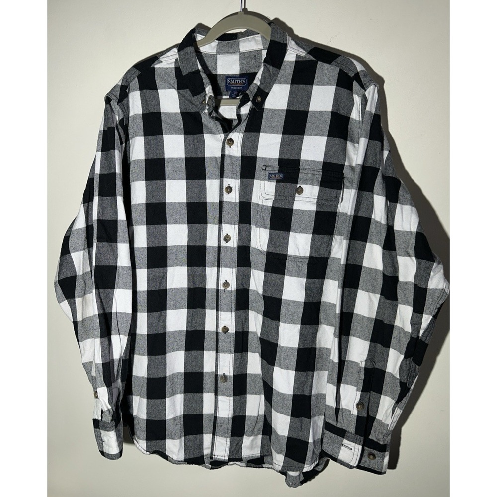 Smith's Workwear Plaid Flannel Button-Down Button-Up Shirt Gray Black 2XL